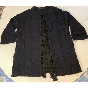 Women's Zara Jacquard Tunic Jacket Tassels Size Small Navy Blue/Black Lined